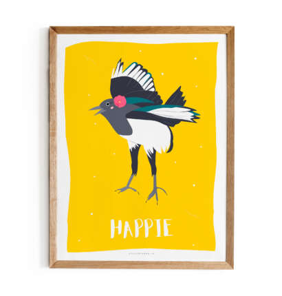 Affiche ou Carte “HAPPIE” – Illustration pie fleurie fond jaune | L’Atelier d’Armelle