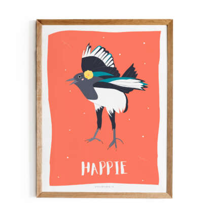 Affiche ou Carte “HAPPIE” – Illustration pie fleurie fond terracotta | L’Atelier d’Armelle