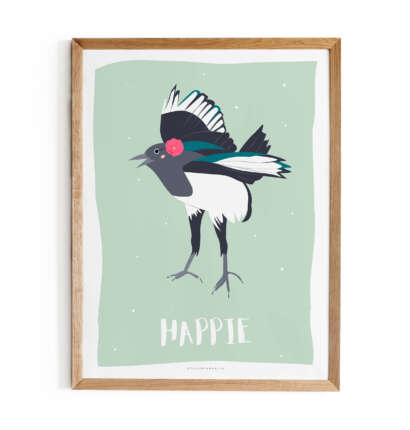 Affiche ou Carte “HAPPIE” – Illustration pie fleurie fond vert d’eau | L’Atelier d’Armelle