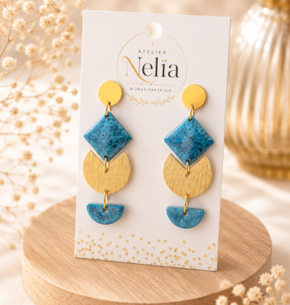 Boucles d'oreilles pendantes, bleu turquoise et doré