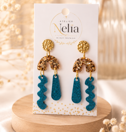 Boucles d'oreilles Ondine turquoise pailletée