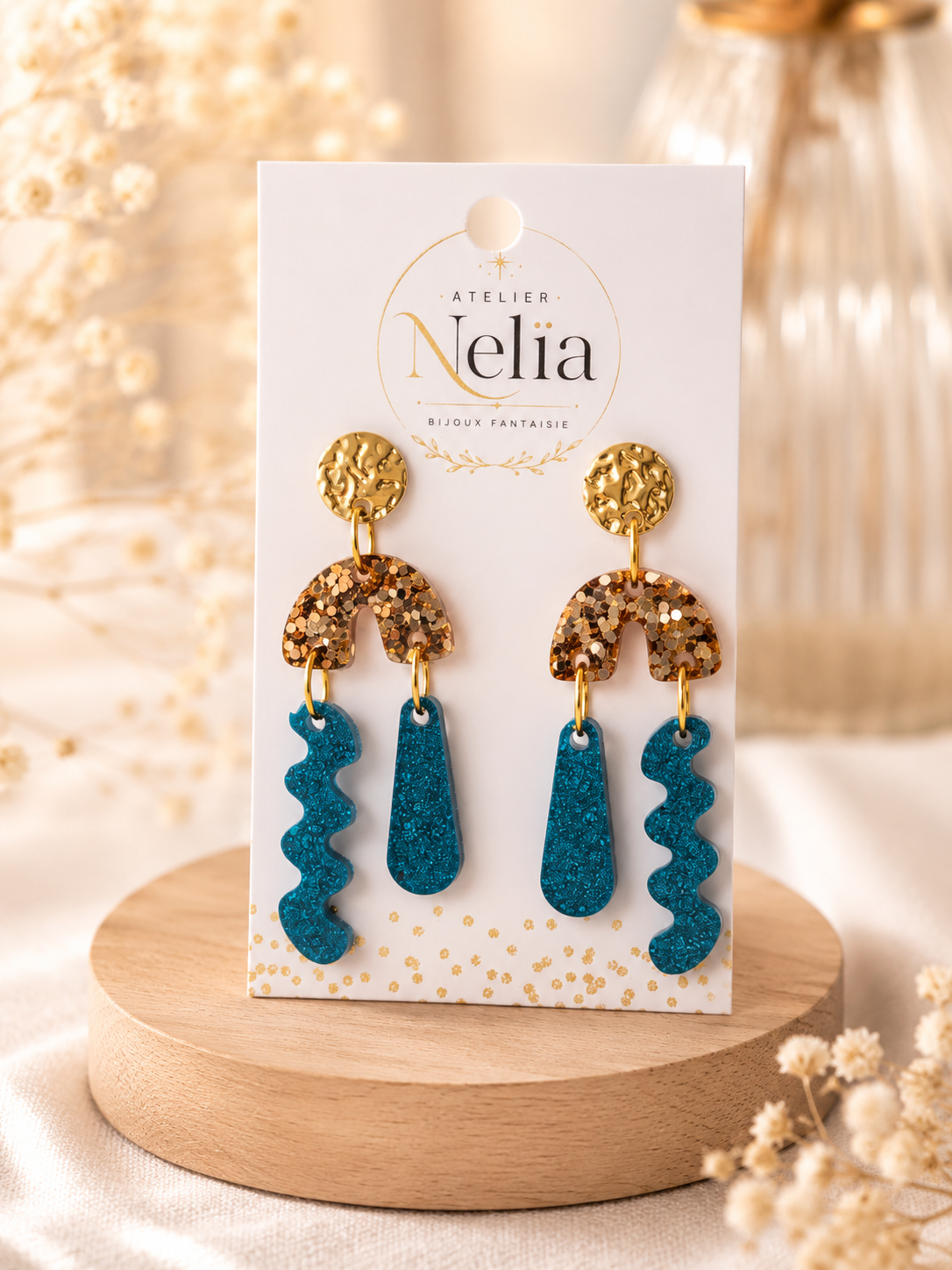Boucles d'oreilles Ondine turquoise pailletée