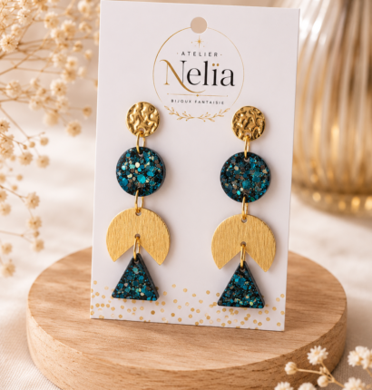 Boucles d'Oreilles pendantes , bleu lagon et doré