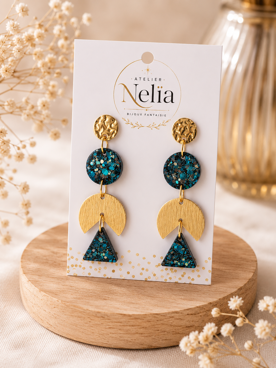 Boucles d'Oreilles pendantes , bleu lagon et doré