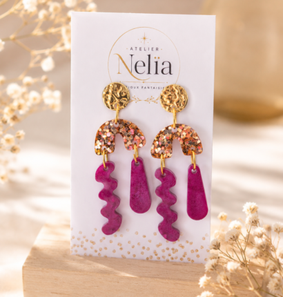Boucles d'oreilles Ondine Framboise pailletée