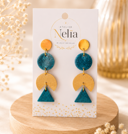 Boucles d'oreilles pendantes, bleu turquoise et doré